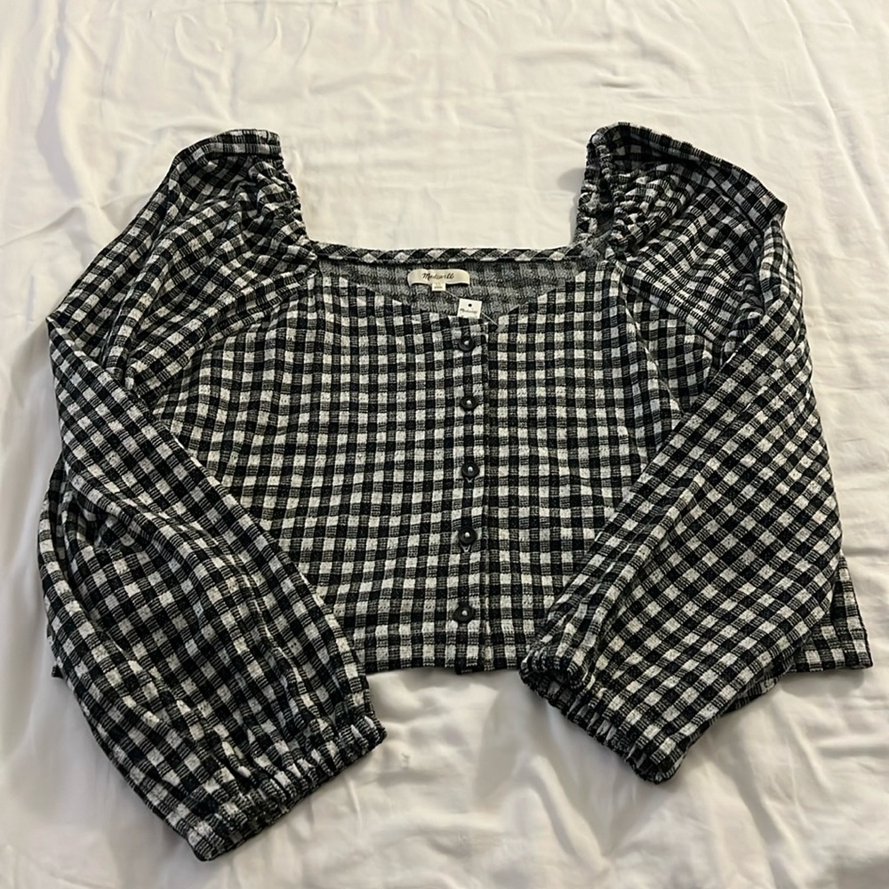 NWT Madewell Gingham Puff-Sleeve Button-Front Crop Top